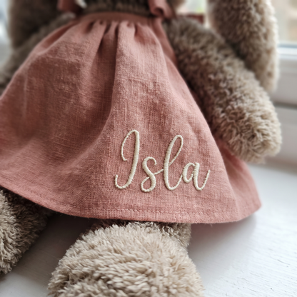 Little Teekie Personalised Bunny Soft Toy | Embroidered Name on Dress, Plush – Blush Pink – personalisation detail