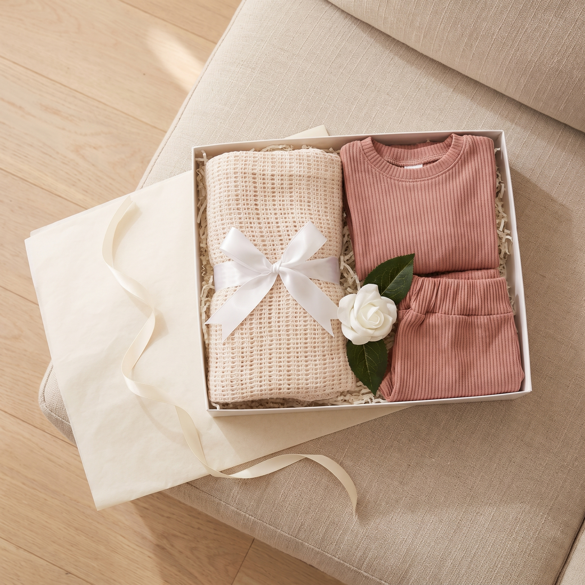Little Teekie Personalised Baby Gift Set | Ribbed Set, Canvas Shoes & Keepsake Box – Candy Pink – lifestyle