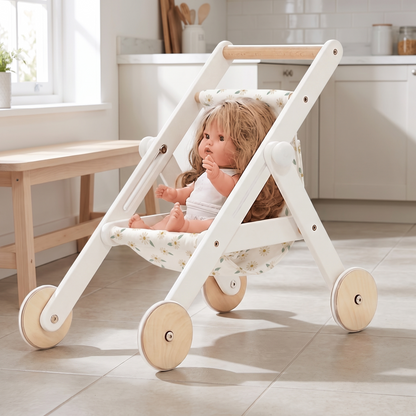Little Teekie Wooden Doll Stroller | 49cm, Cotton Seat, Rubber Wheels – White Pearl – lifestyle