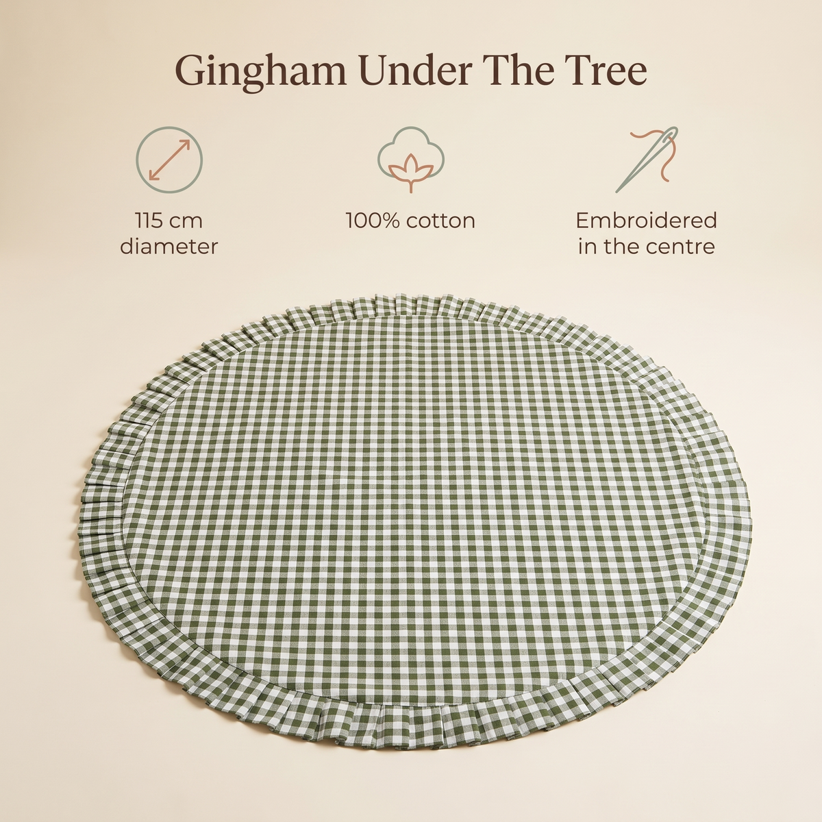 Little Teekie Personalised Ruffle Tree Skirt | Embroidered Name, 115cm Diameter – Green Gingham – key features
