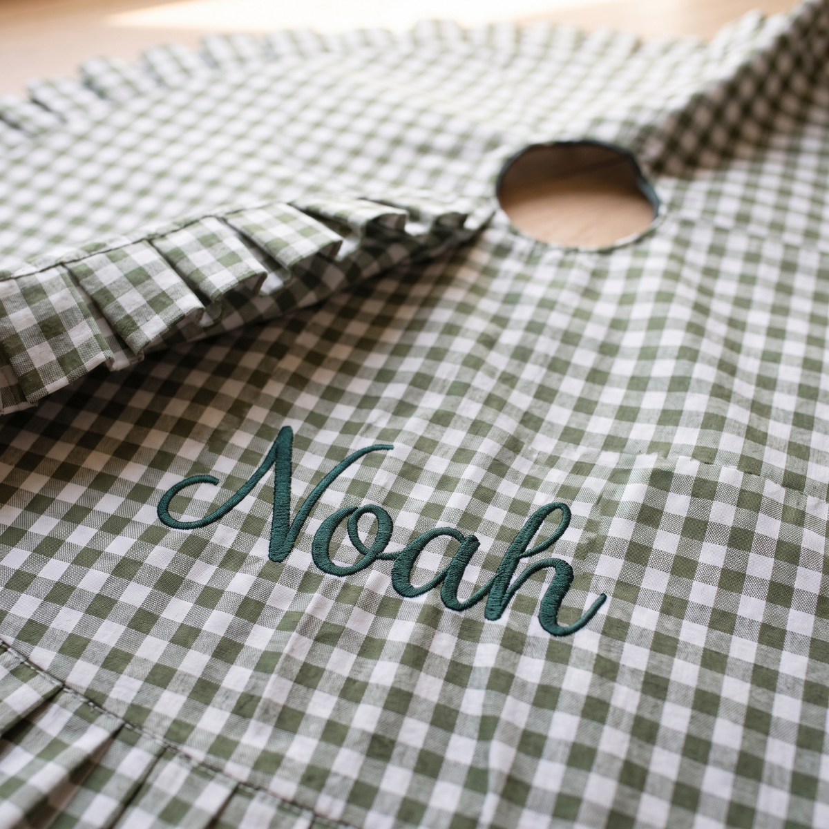 Little Teekie Personalised Ruffle Tree Skirt | Embroidered Name, 115cm Diameter – Green Gingham – personalisation detail