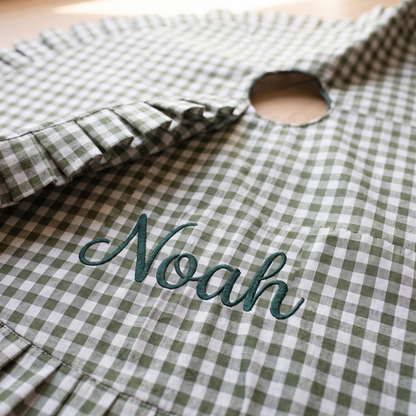 Little Teekie Personalised Ruffle Tree Skirt | Embroidered Name, 115cm Diameter – Green Gingham – personalisation detail