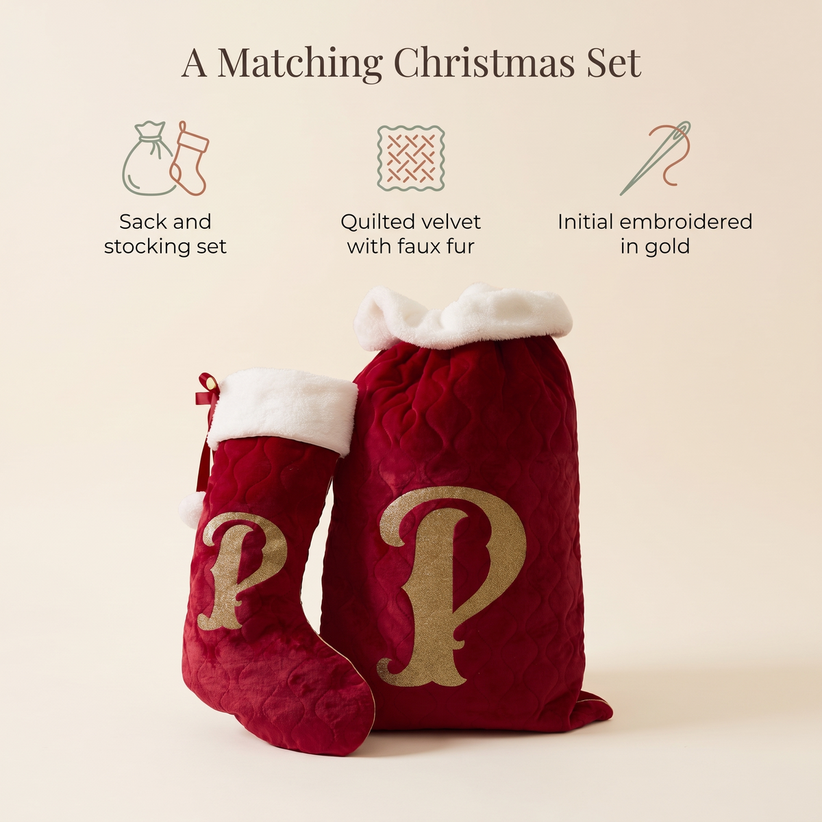 Little Teekie Personalised Sack & Stocking Gift Set | Embroidered Initial, Quilted Velvet – Red – key features