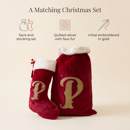 Little Teekie Personalised Sack & Stocking Gift Set | Embroidered Initial, Quilted Velvet – Red – key features