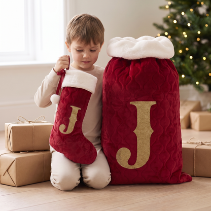 Little Teekie Personalised Sack & Stocking Gift Set | Embroidered Initial, Quilted Velvet – Red – in use, shows scale