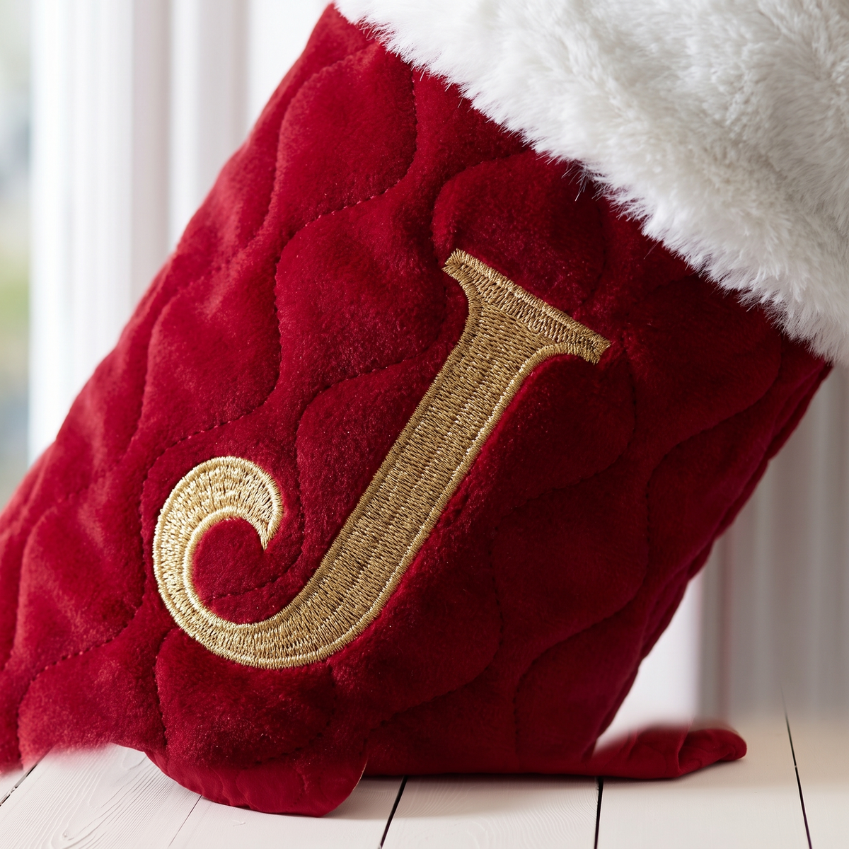 Little Teekie Personalised Sack & Stocking Gift Set | Embroidered Initial, Quilted Velvet – Red – personalisation detail