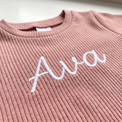 Little Teekie Personalised Baby Gift Set | Ribbed Set, Canvas Shoes & Keepsake Box – Candy Pink – personalisation detail