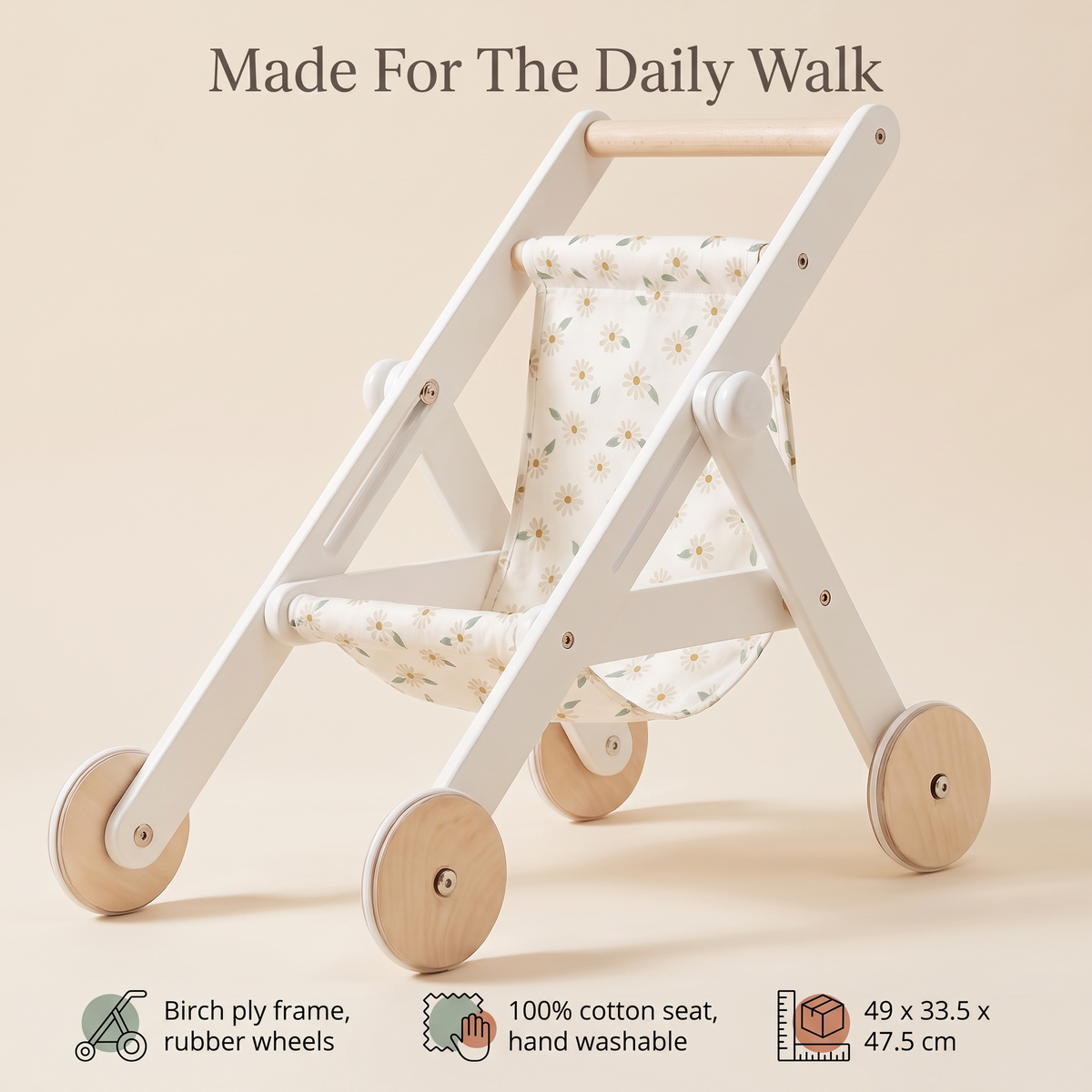Little Teekie Wooden Doll Stroller | 49cm, Cotton Seat, Rubber Wheels – White Pearl – key features