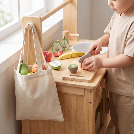 Little Teekie Wooden Play Fruit Set | 6 Fruits, Chopping Board, Carry Bag – in use, shows scale