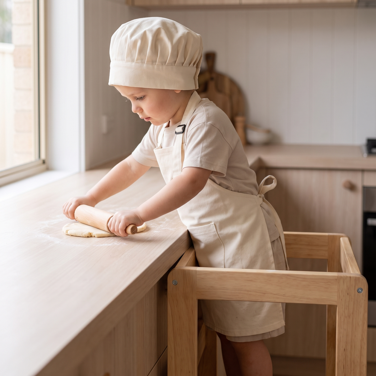 Little Teekie Kids Chef Apron and Hat Set | 100% Cotton, Adjustable – Cream – in use, shows scale