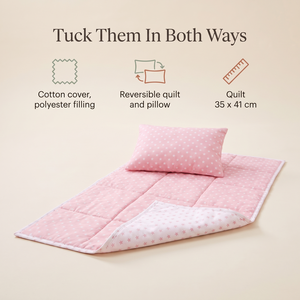 Little Teekie Reversible Doll Bedding Set | Quilt and Pillow, Fits 40cm Dolls – key features