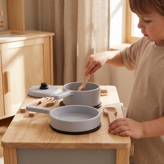 Little Teekie Wooden Play Pot and Pan Set | 4 Pieces, Lidded Pot, 3 Years+ – in use, shows scale