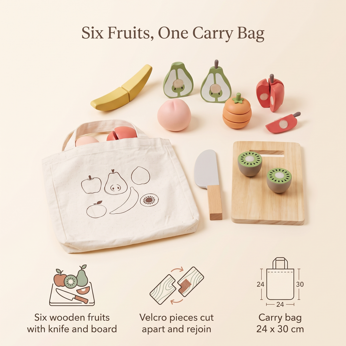 Little Teekie Wooden Play Fruit Set | 6 Fruits, Chopping Board, Carry Bag – key features