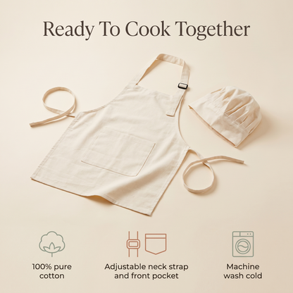 Little Teekie Kids Chef Apron and Hat Set | 100% Cotton, Adjustable – Cream – key features