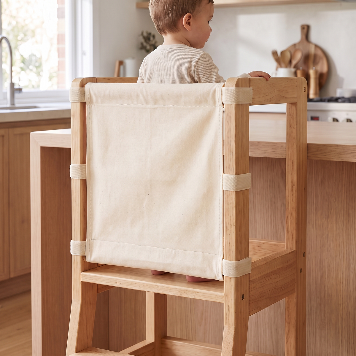 Little Teekie Learning Tower Safety Net | 100% Cotton, Velcro Straps – Beige – in use, shows scale