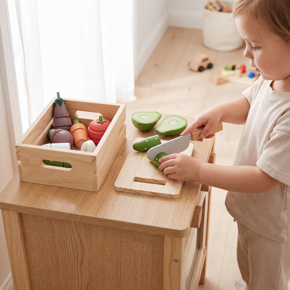Little Teekie Wooden Veggie Crate Play Set | 10 Pieces, Chopping Board, 3 Years+ – in use, shows scale
