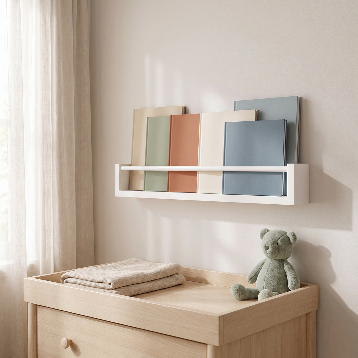 Little Teekie Front-Facing Kids Book Rack | Wall-Mounted Pine, Low-VOC Enamel – All White – lifestyle