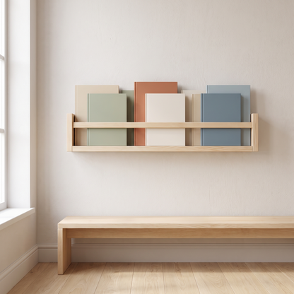 Little Teekie Front-Facing Book Rack with Flat Peg | Wall-Mounted Pine, 4.3cm Depth – Raw Pine – lifestyle