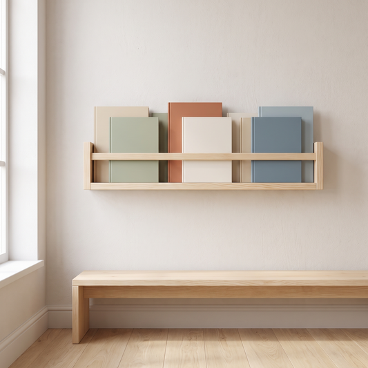 Little Teekie Front-Facing Book Rack with Flat Peg | Wall-Mounted Pine, 4.3cm Depth – Raw Pine – lifestyle