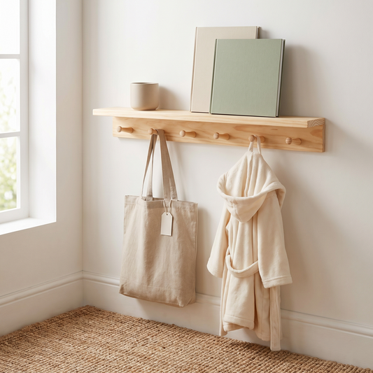 Little Teekie Kids Nursery Shelf with Coat Hooks | Wall-Mounted 60cm, 6 Pegs – Pine – lifestyle