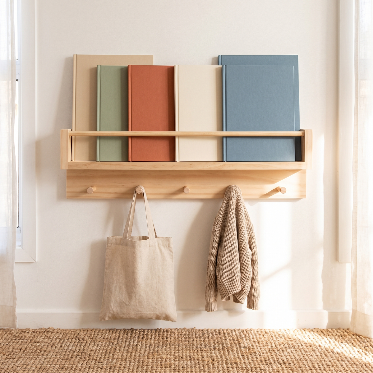 Little Teekie Kids Book Rack and Coat Rack Combo | Wall-Mounted 60cm, 5 Pegs – Raw Pine – lifestyle