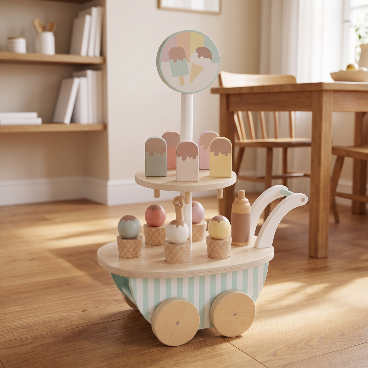 Little Teekie Wooden Ice Cream Trolley | 10 Ice Creams, FSC Wood – Stripes – lifestyle