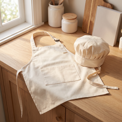 Little Teekie Kids Chef Apron and Hat Set | 100% Cotton, Adjustable – Cream – lifestyle