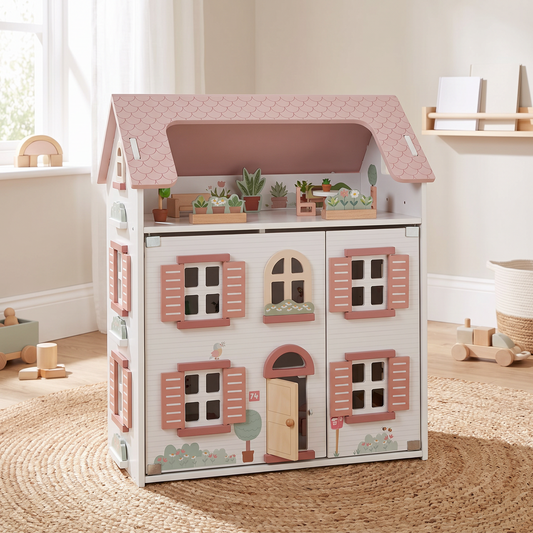 Little Teekie Wooden Dollhouse | 5 Rooms, Furniture and 2 Peg Dolls – White with Pink Roof – lifestyle