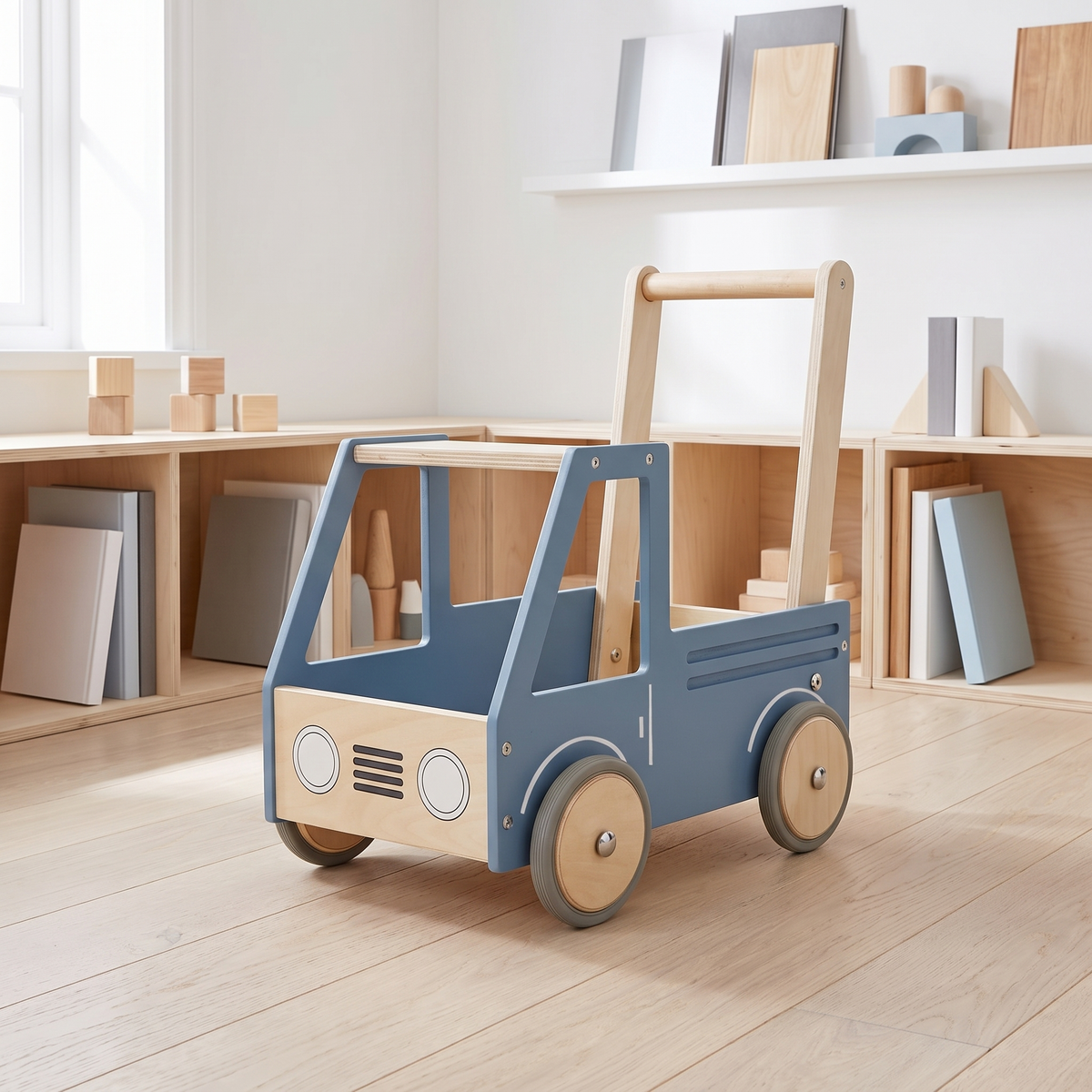 Little Teekie Wooden Push Truck Walker | 100% Birchwood, Storage Box – Steel Blue – lifestyle