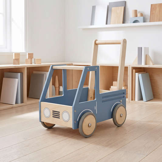 Little Teekie Wooden Push Truck Walker | 100% Birchwood, Storage Box – Steel Blue – lifestyle
