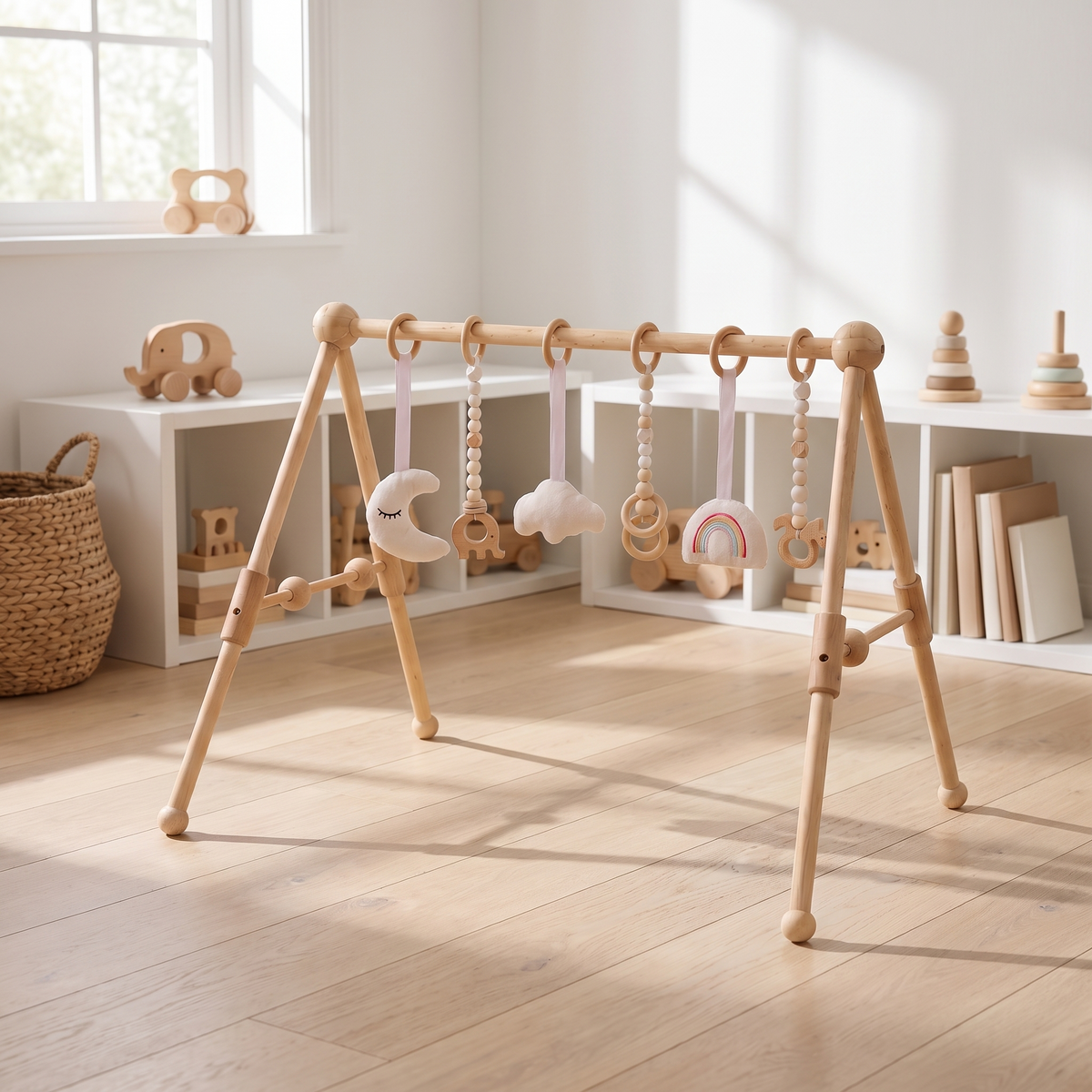 Little Teekie Wooden Baby Play Gym | Sensory Activity Toys, 58 x 61 x 63.5 cm – Natural Wood – styled in the home