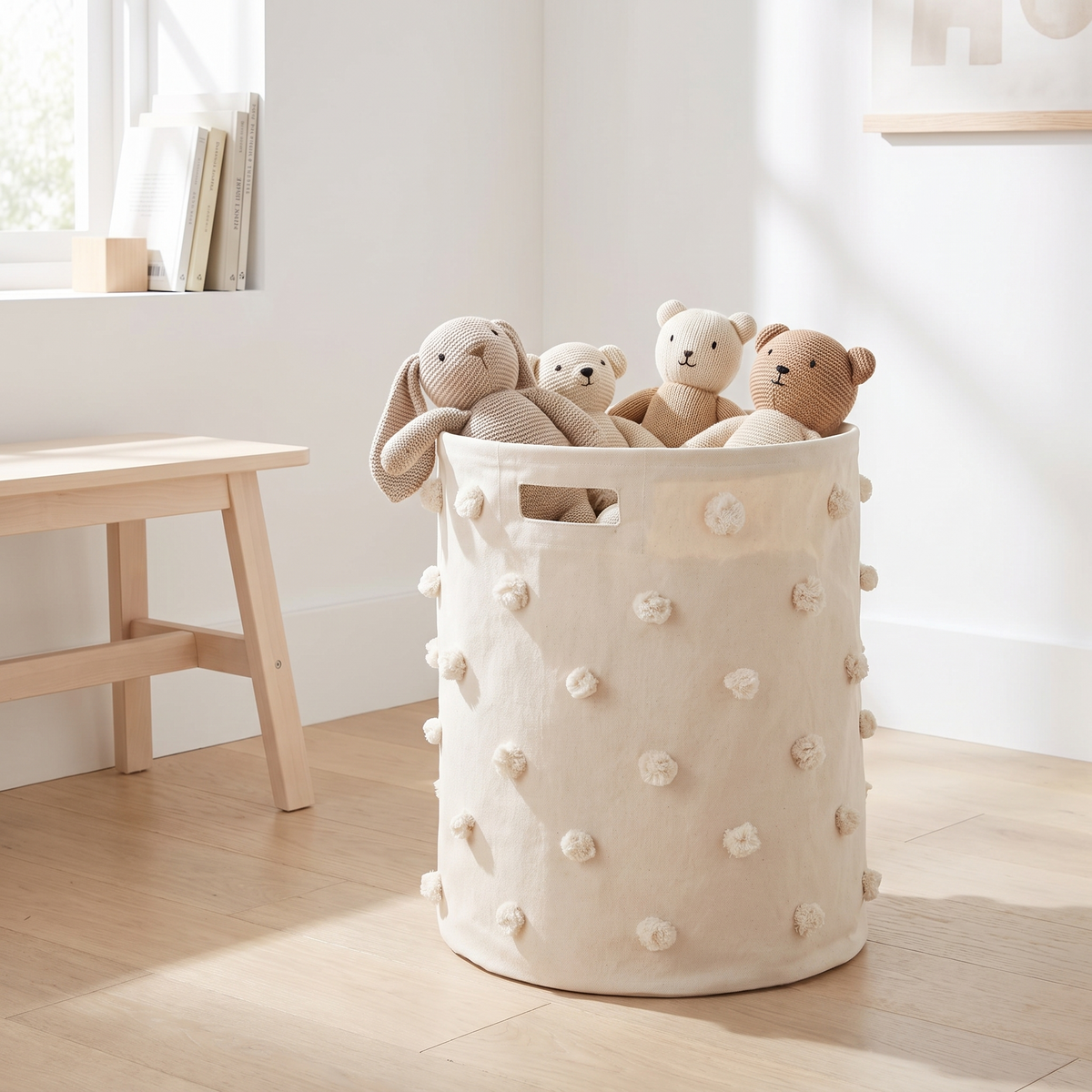Little Teekie Pom Pom Toy and Laundry Hamper | Cotton Canvas, Wipeable Base – Natural – styled in the home