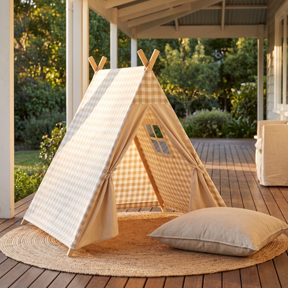 Little Teekie Scandi A-Frame Playhouse Tent | Canvas with Pine Poles – Beige Gingham – styled in the home