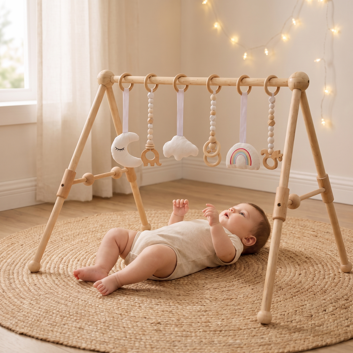 Little Teekie Wooden Baby Play Gym | Sensory Activity Toys, 58 x 61 x 63.5 cm – Natural Wood – in use, shows scale