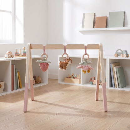 Little Teekie Wooden Baby Play Gym | Fabric Arch, 3 Soft Toys, 47.5 x 54 x 60 cm – Fairy Garden – styled in the home