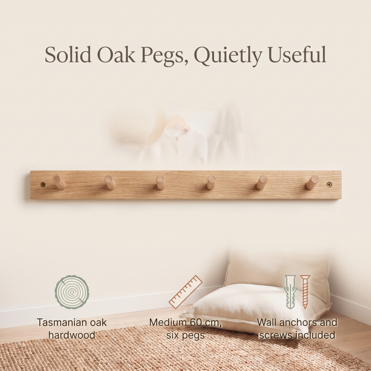Little Teekie Slim Wooden Peg Rail | Wall-Mounted 60cm, 6 Pegs, Holds 15kg – Tasmanian Oak – key features