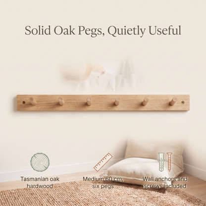 Little Teekie Slim Wooden Peg Rail | Wall-Mounted 60cm, 6 Pegs, Holds 15kg – Tasmanian Oak – key features