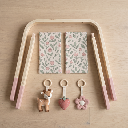 Little Teekie Wooden Baby Play Gym | Fabric Arch, 3 Soft Toys, 47.5 x 54 x 60 cm – Fairy Garden – what's included