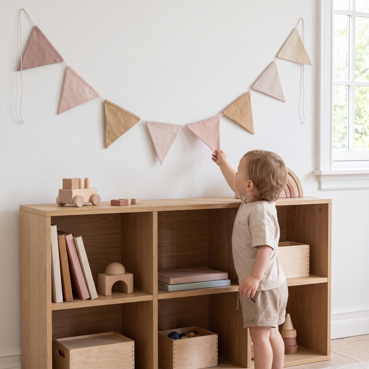 Little Teekie Double-Sided Cotton Bunting | 8 Flags, Organic GOTS Cotton – Birchbark Rose – in use, shows scale