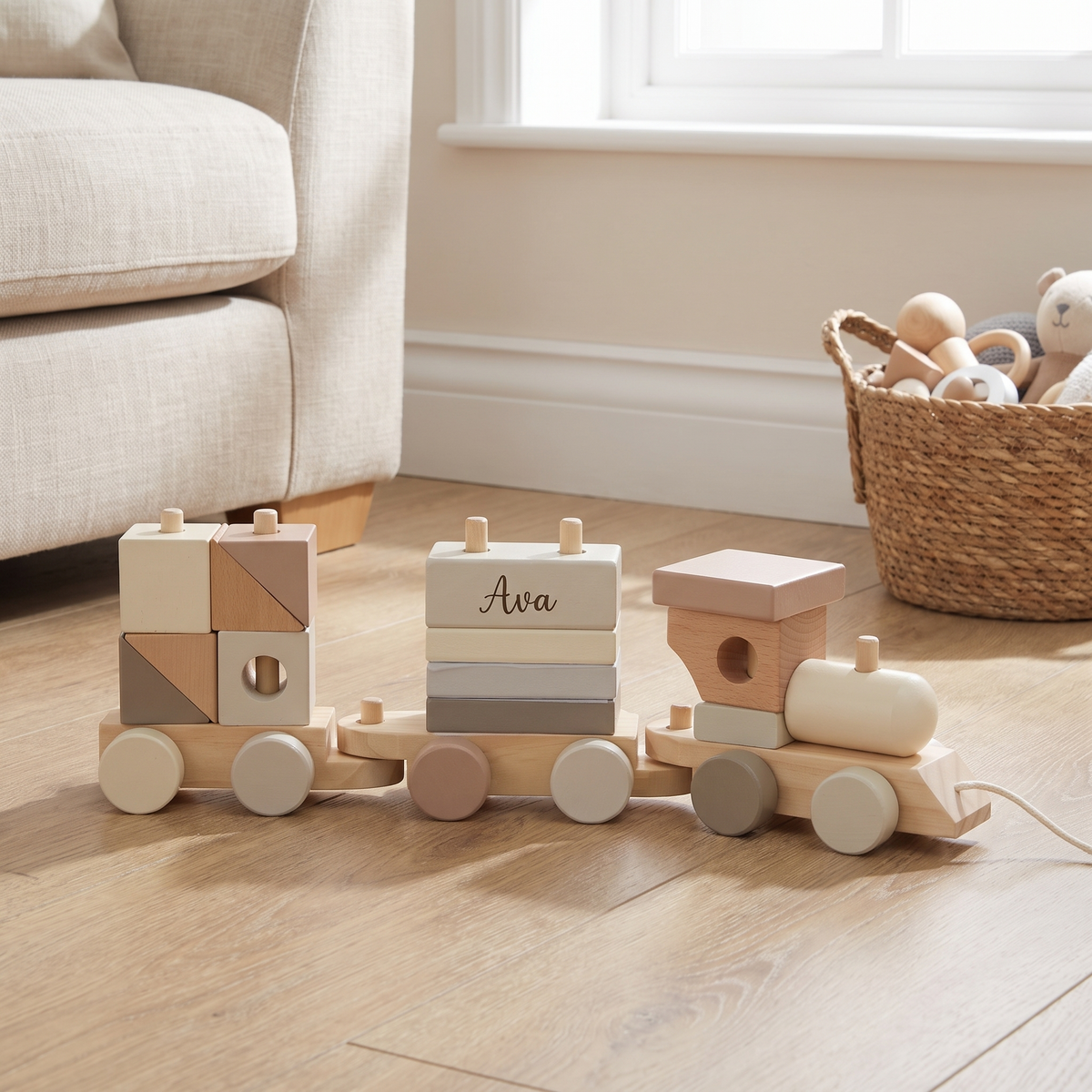 Little Teekie Personalised Wooden Pull Along Train | Stacking Shapes, Name Detail – Neutral – lifestyle