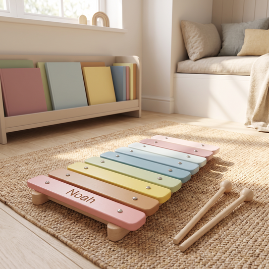 Little Teekie Personalised Wooden Xylophone | Two Beaters, Name Detail – Pastel Multicolour – lifestyle