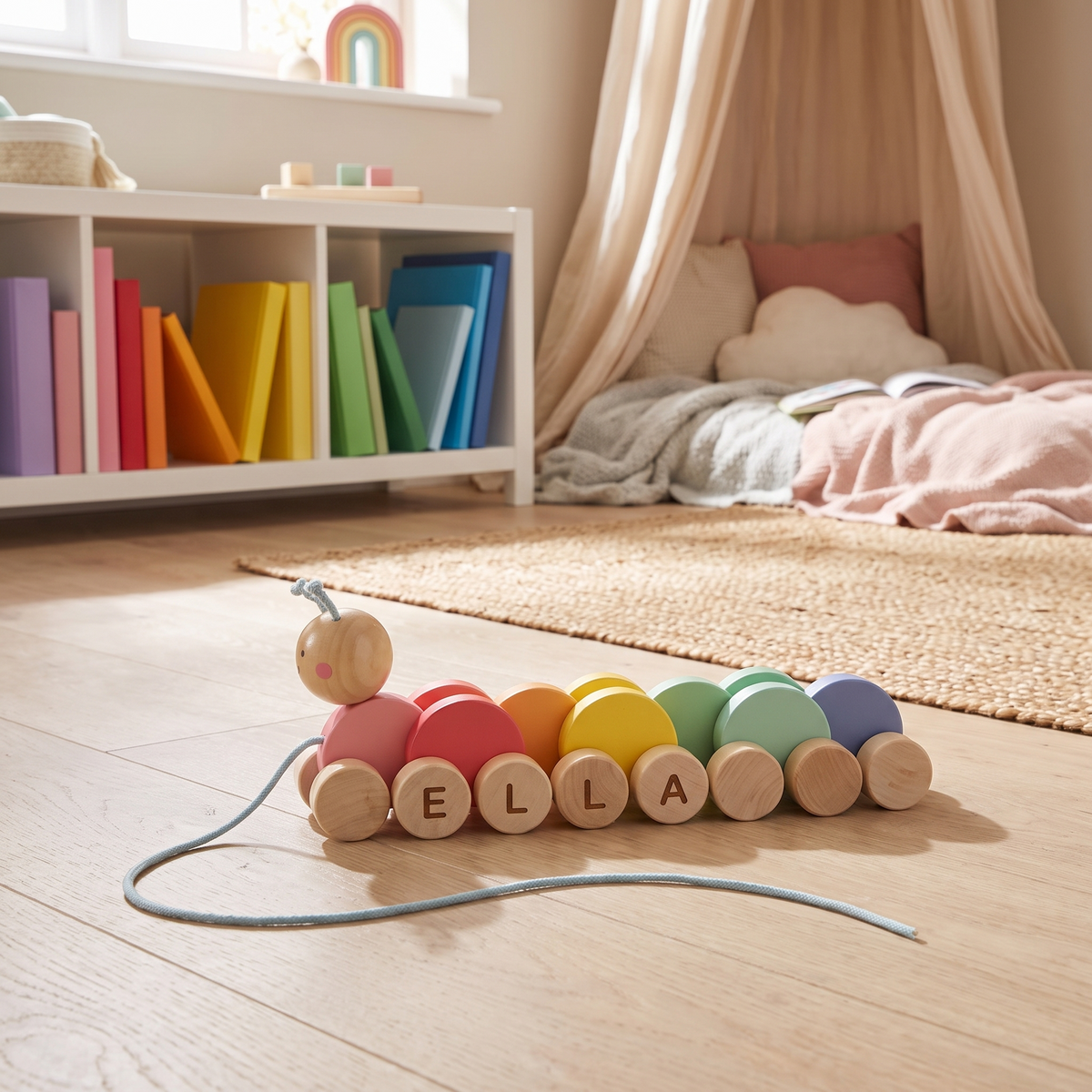 Little Teekie Personalised Wooden Pull Along Caterpillar | Engraved Name, Cherry Wood – Rainbow – lifestyle