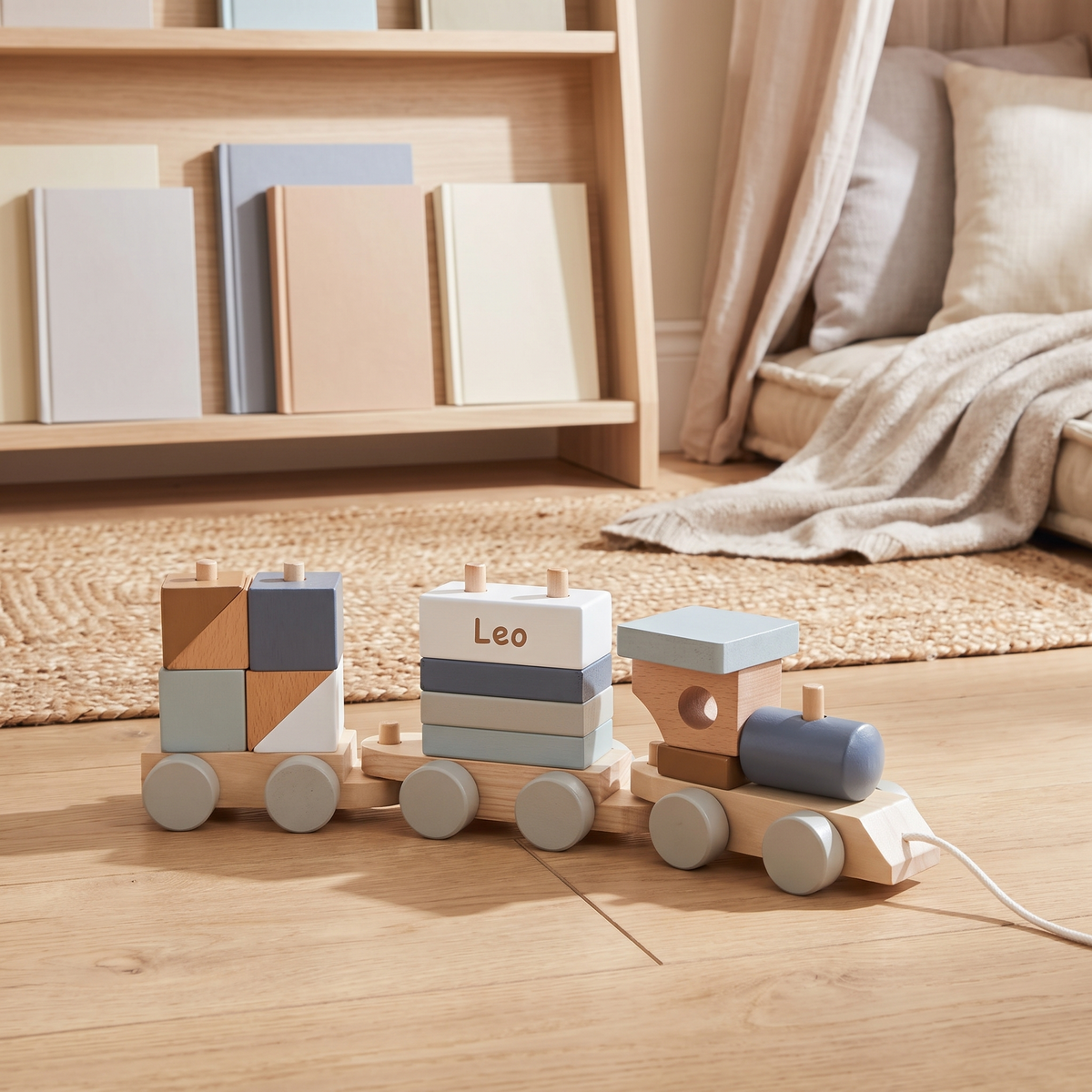 Little Teekie Personalised Wooden Pull Along Train | Stacking Shapes, Name Detail – Blue – lifestyle
