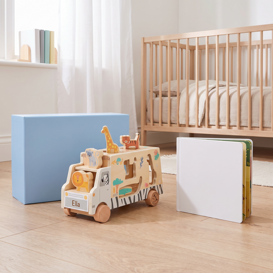 Little Teekie Personalised Wooden Shape Sorter & Board Book Set | Engraved Name, 18cm – lifestyle