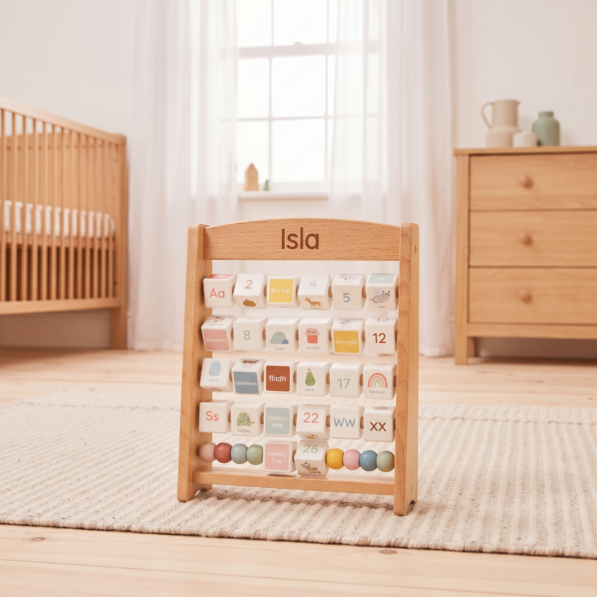 Little Teekie Personalised Wooden Alphabet Abacus | Engraved Name, 29cm Tall – lifestyle