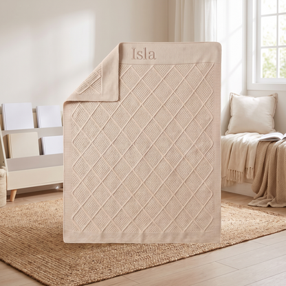 Little Teekie Personalised Diamond Knit Cotton Baby Blanket | Embroidered Name, 100 x 75cm – Oatmeal – lifestyle