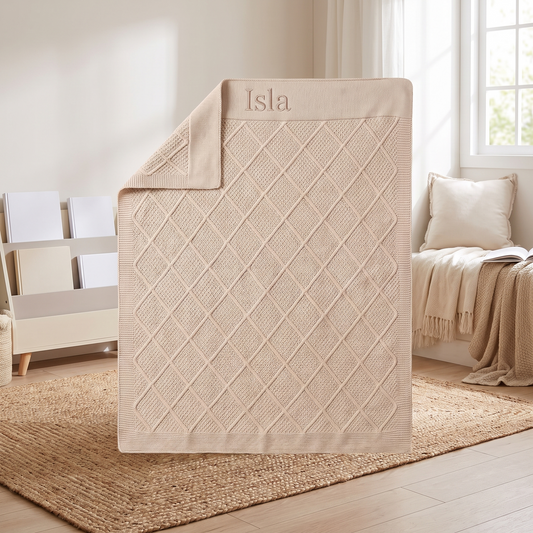 Little Teekie Personalised Diamond Knit Cotton Baby Blanket | Embroidered Name, 100 x 75cm – Oatmeal – lifestyle