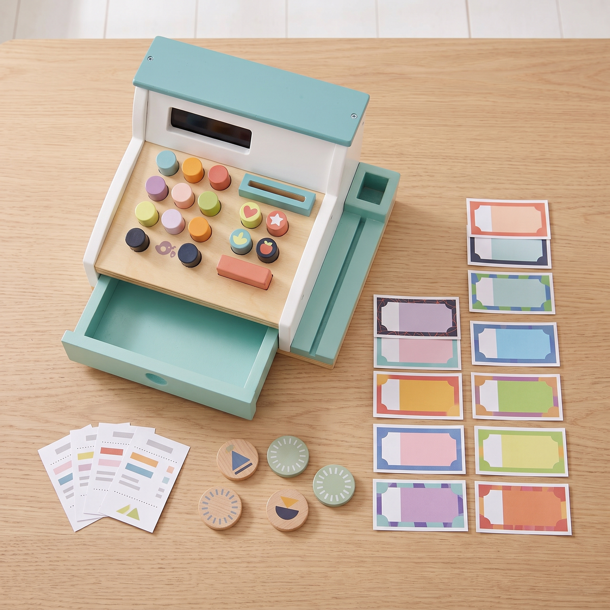 Little Teekie Wooden Play Cash Register | Coins, Notes and Receipts – Multi-Coloured – what's included