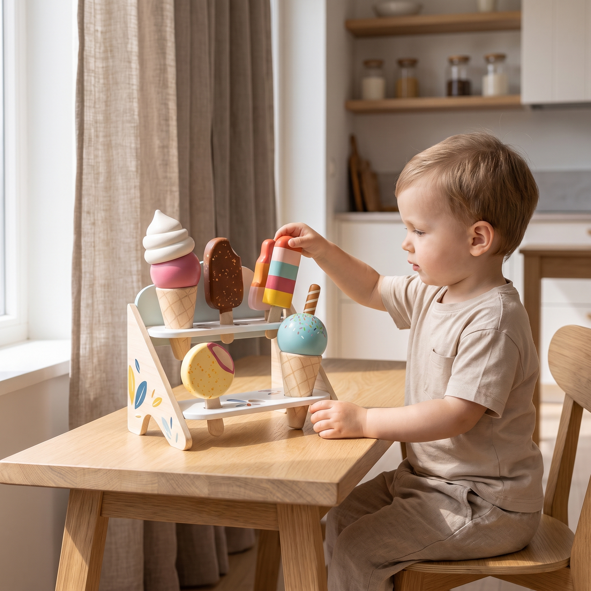 Little Teekie Wooden Ice Cream Shop Set | 6 Mix-and-Match Cones, FSC Wood – Colourful – in use, shows scale