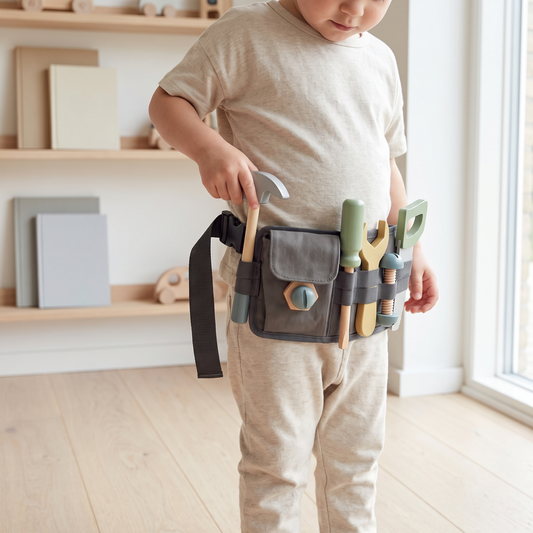 Little Teekie Wooden Tool Belt Set | Adjustable 40–80cm, FSC Certified Wood – in use, shows scale